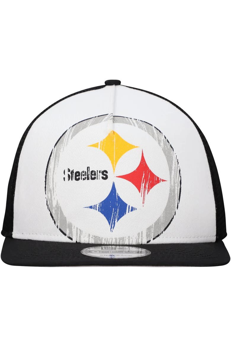Men's New Era White/Black Pittsburgh Steelers Distressed 9FIFTY A-Frame Snapback Hat, Alternate, color, White