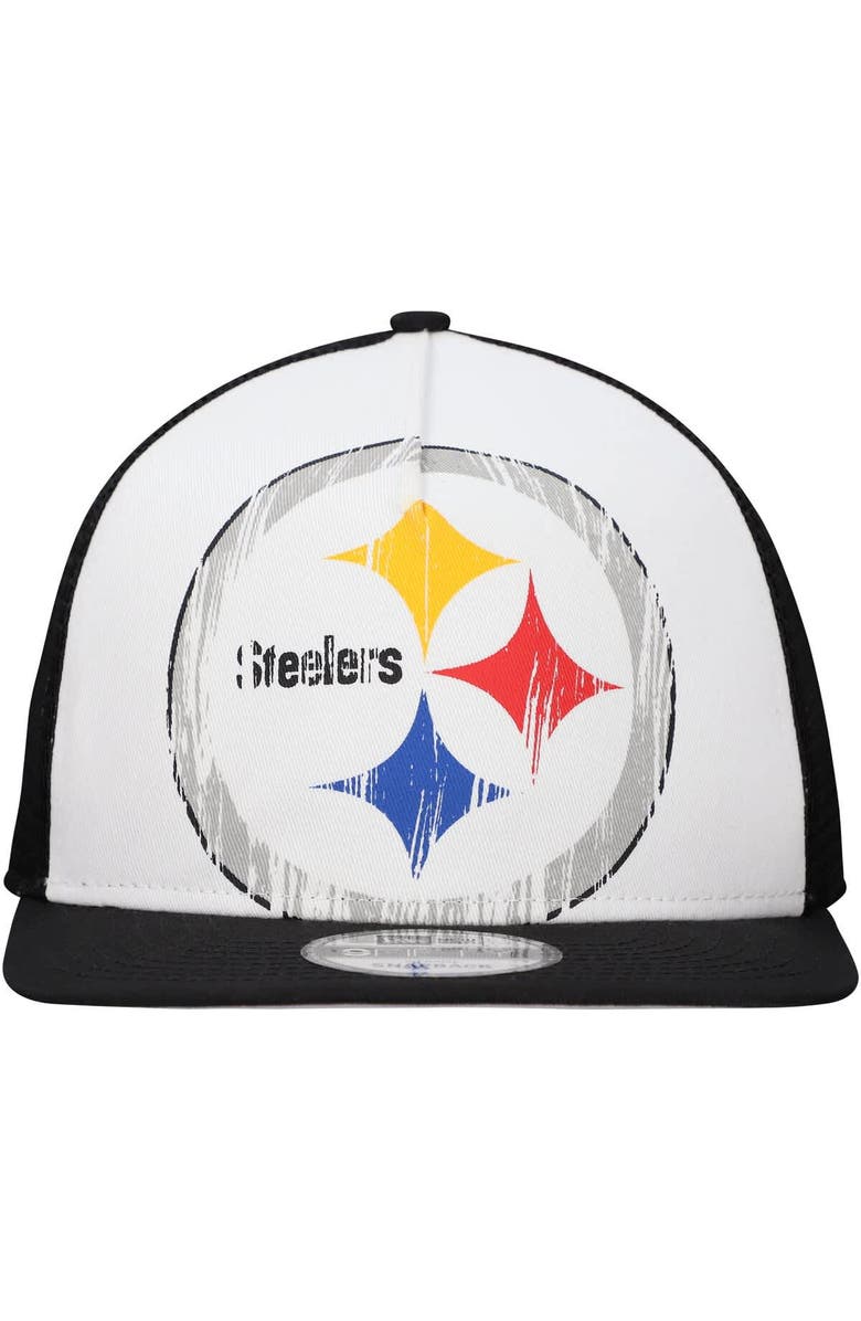 New Era Men's New Era White/Black Pittsburgh Steelers Distressed 9FIFTY A-Frame Snapback Hat, Alternate, color, White