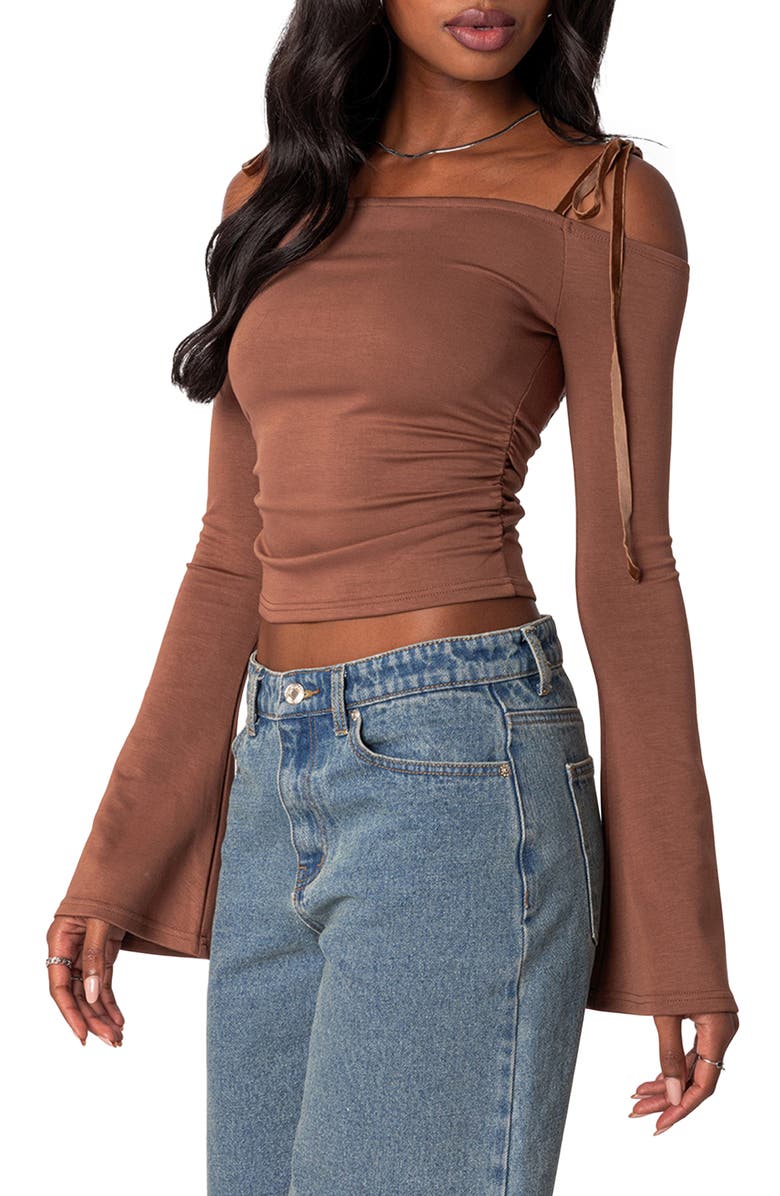 EDIKTED Velvet Tie Off the Shoulder Top, Alternate, color, Brown