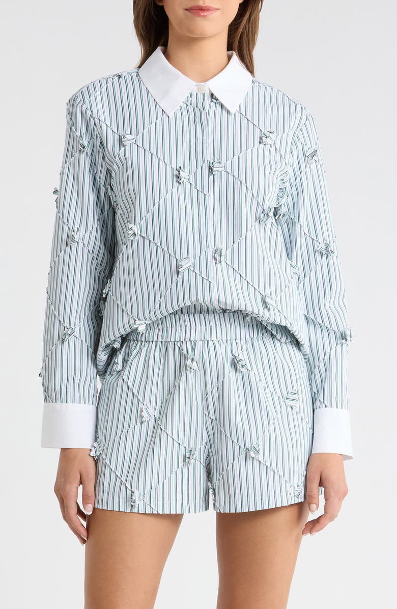 MAUDE CLUB Atlas Pinstripe Diamond Seam Button-Up Top, Main, color, Green Stripe