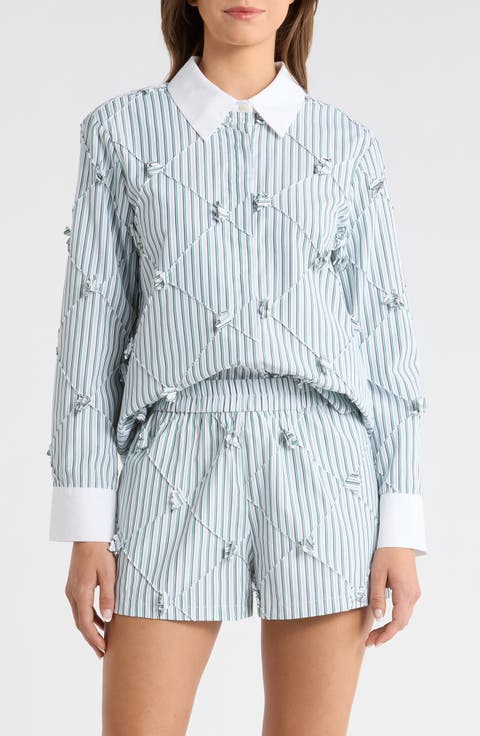 Atlas Pinstripe Diamond Seam Button-Up Top