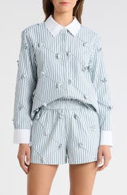 MAUDE CLUB Atlas Pinstripe Diamond Seam Button-Up Top
