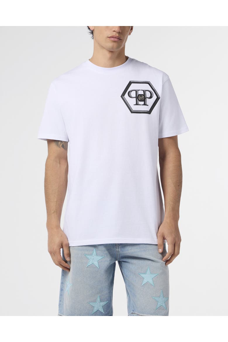 Round Neck T-Shirt Lines Hexagon Men, Main, color, white