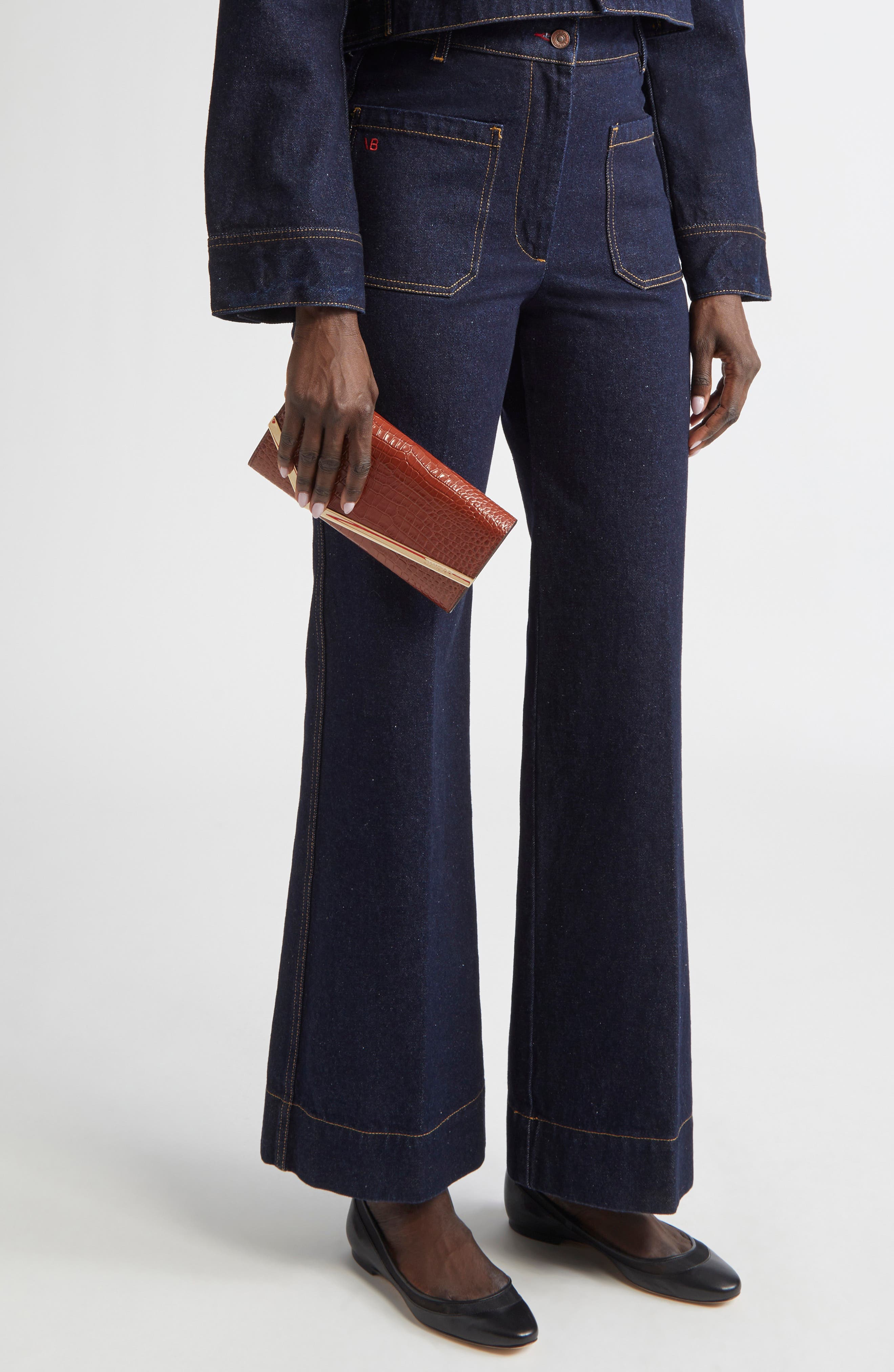 Jimmy Choo Emmie Croc Embossed Leather Clutch, Alternate, color, Cognac/ Light Gold