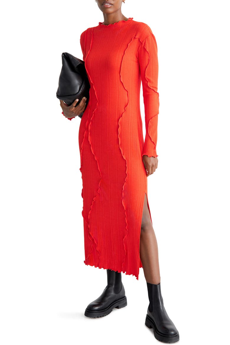 Beth Frilled Rib Long Sleeve Midi Dress, Main, color, RED