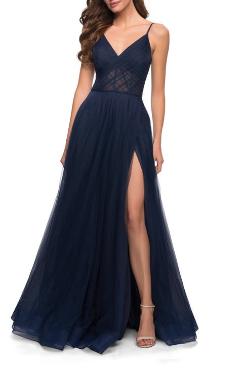 A Line Tulle Prom Dress with Sheer Bodice
