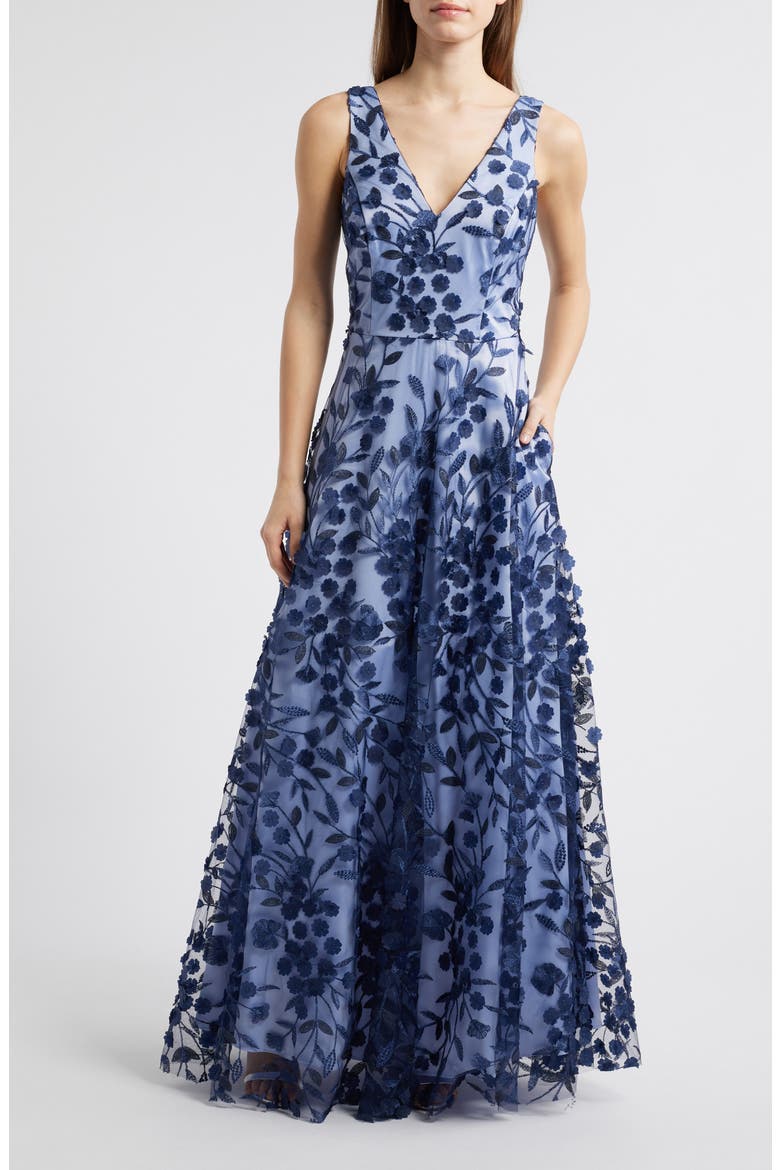 Embroidered Floral Illusion Lace A-Line Gown, Main, color, NAVY BLUE