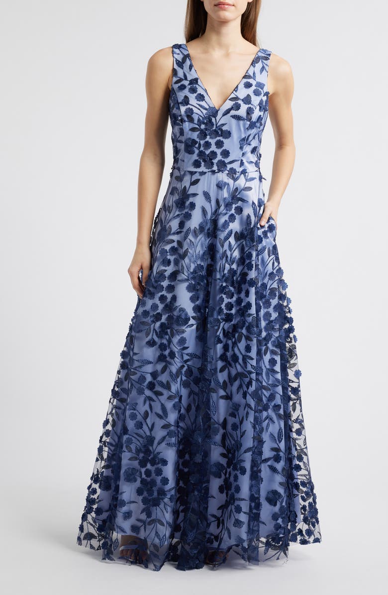 Eliza J Embroidered Floral Illusion Lace A-Line Gown, Main, color, Navy Blue