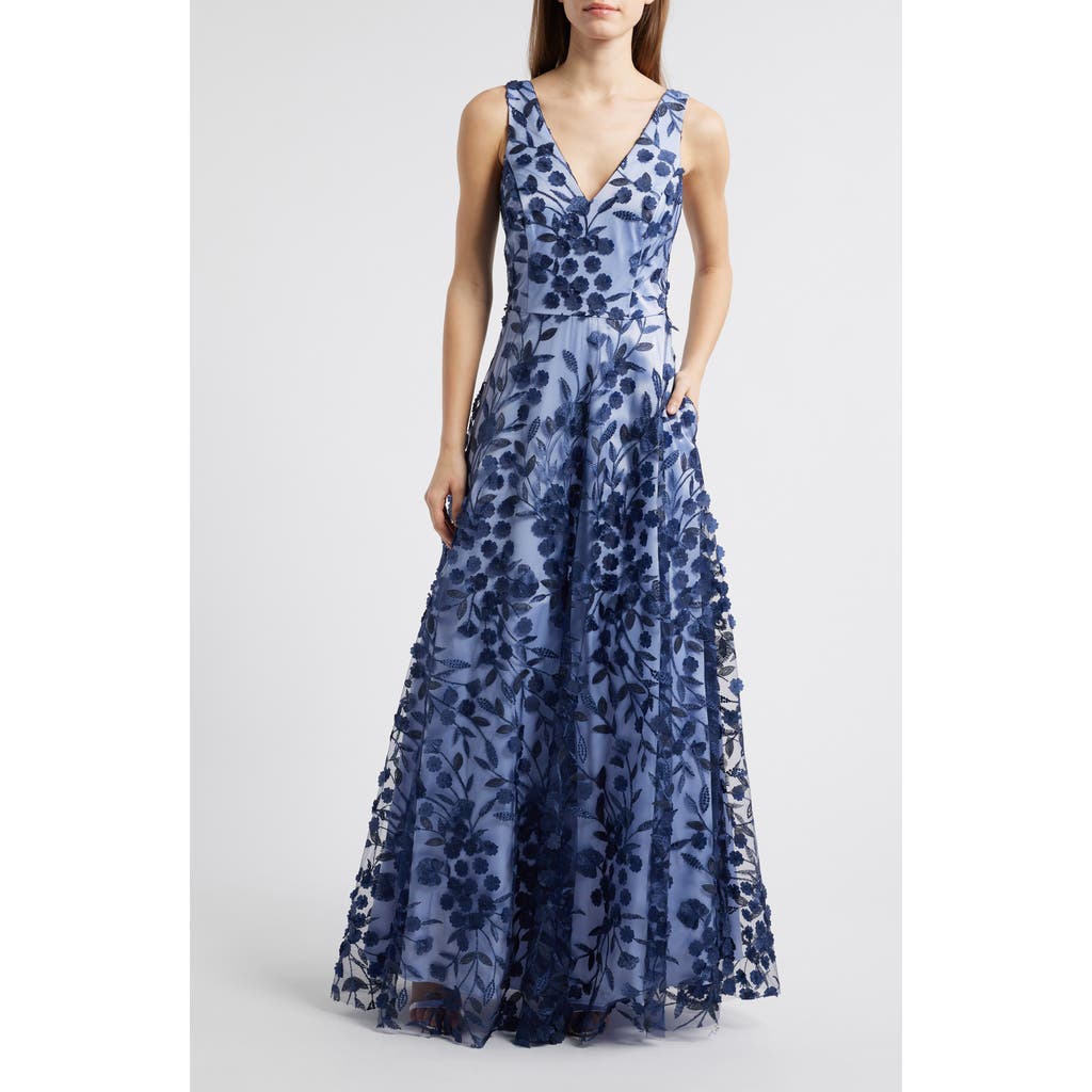 Eliza J Embroidered Floral Illusion Lace A-Line Gown in Nvy Blue at Nordstrom, Size 6