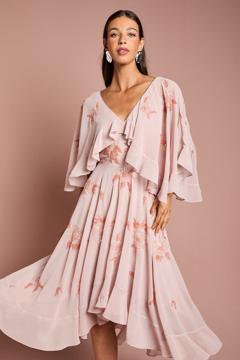 Embellished Frill Cape Midi Dress, Alternate, color, Nude