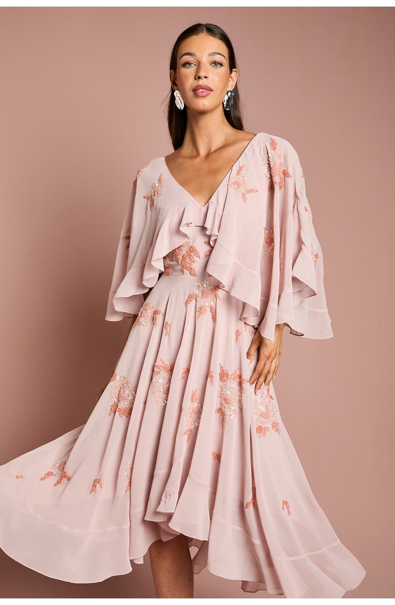 Coast Embellished Frill Cape Midi Dress, Alternate, color, Nude