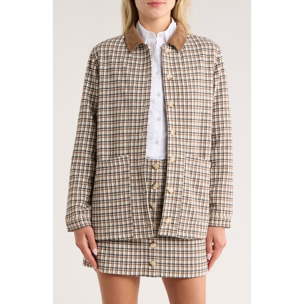 French Connection Check Plaid Corduroy Collar Jacket In Neutral