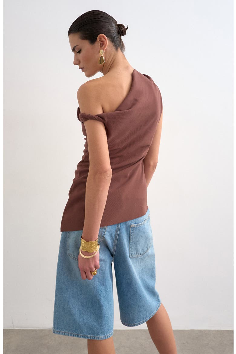 Twist One Shoulder Asymmetric Hem Top, Alternate, color, CHOCOLATE