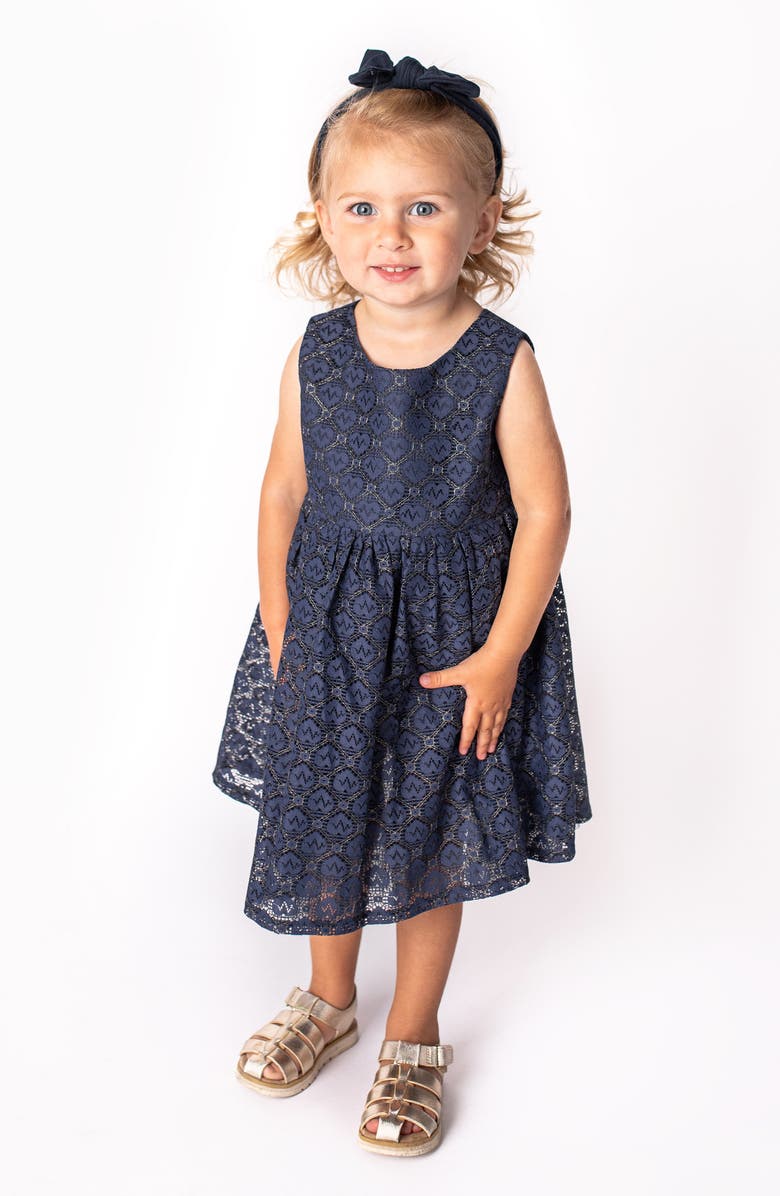 Popatu Metallic Lace Overlay Dress, Alternate, color, Navy