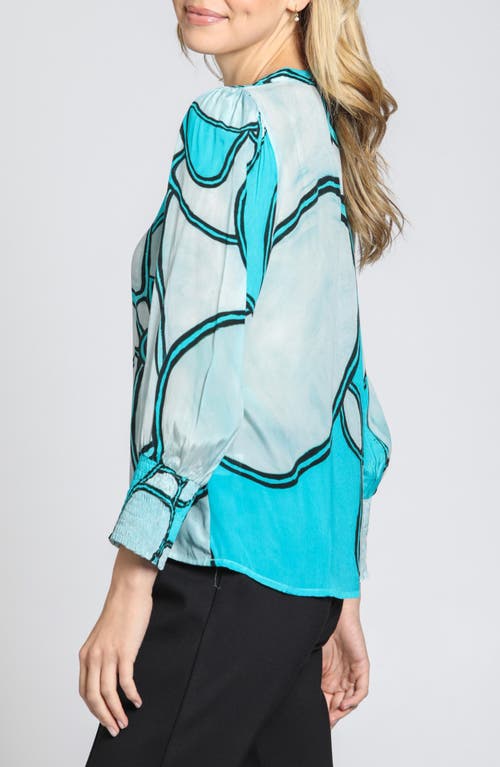 Apny Print Smocked Cuff Top In Turquoise Multi