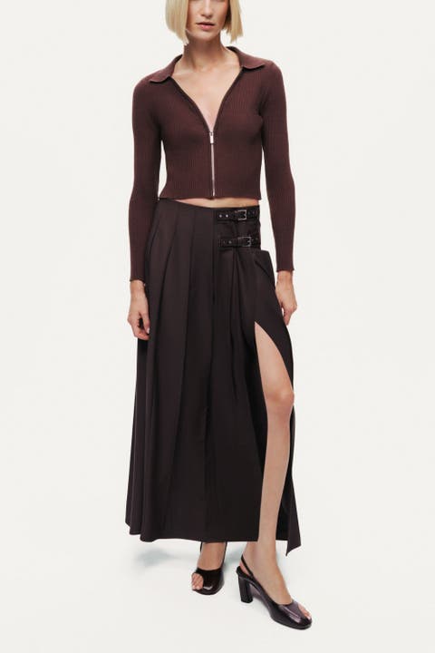 Belted Pleated Maxi Skirt