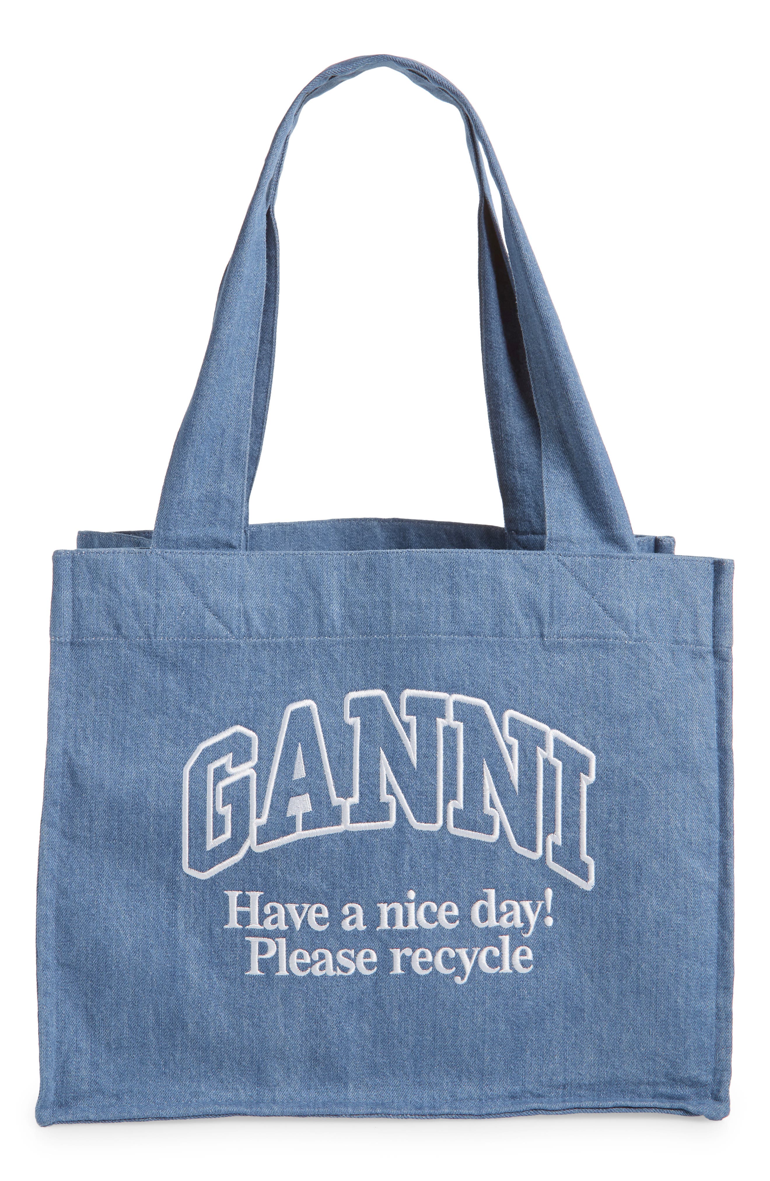 Ganni Large Easy Denim Shopper Bag, Main, color, 