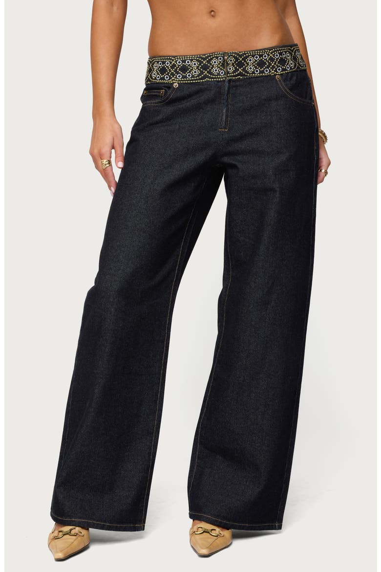 Carlie Beaded Embroidered Low Rise Wide Leg Jeans, Main, color, DARK-BLUE