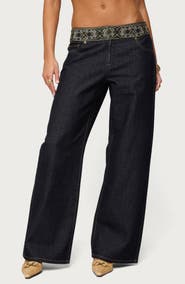 EDIKTED Carlie Beaded Embroidered Low Rise Wide Leg Jeans