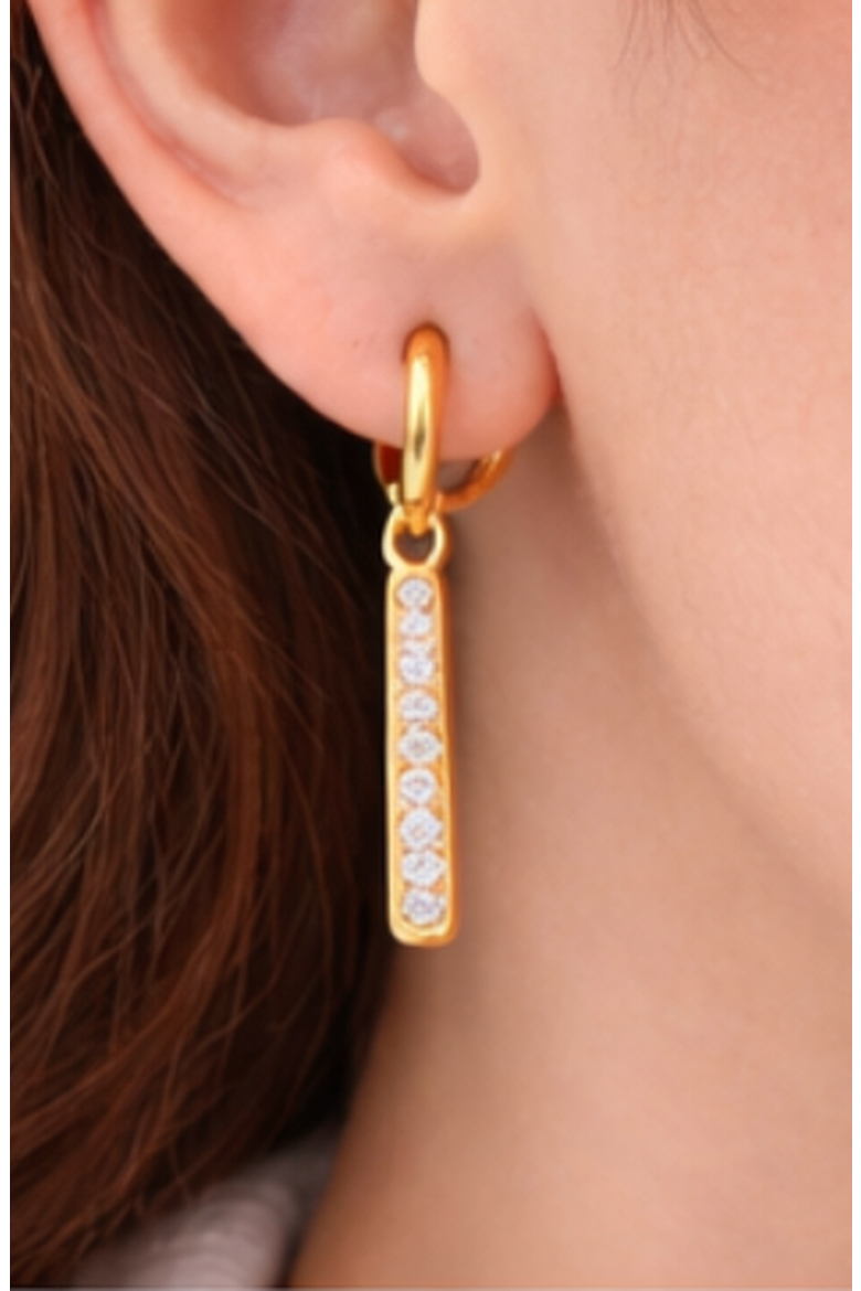 Stainless Steel Cubic Zirconia Dangle Bar Hoop Earrings, Alternate, color, Gold-Tone