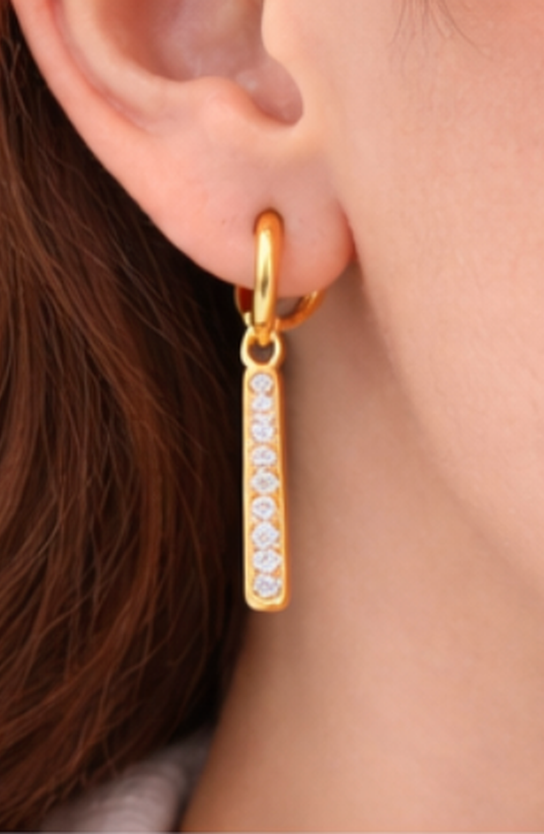 Kellery Stainless Steel Cubic Zirconia Dangle Bar Hoop Earrings, Alternate, color, Gold-Tone