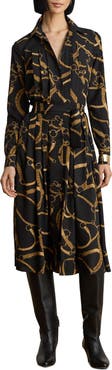 Lauren Ralph Lauren Belt Print Long Sleeve Crêpe de Chine Midi Shirtdress