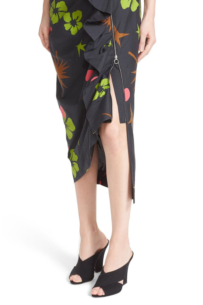 Long Ruched Ruffle Dress, Alternate, color, TROPICAL RAVE