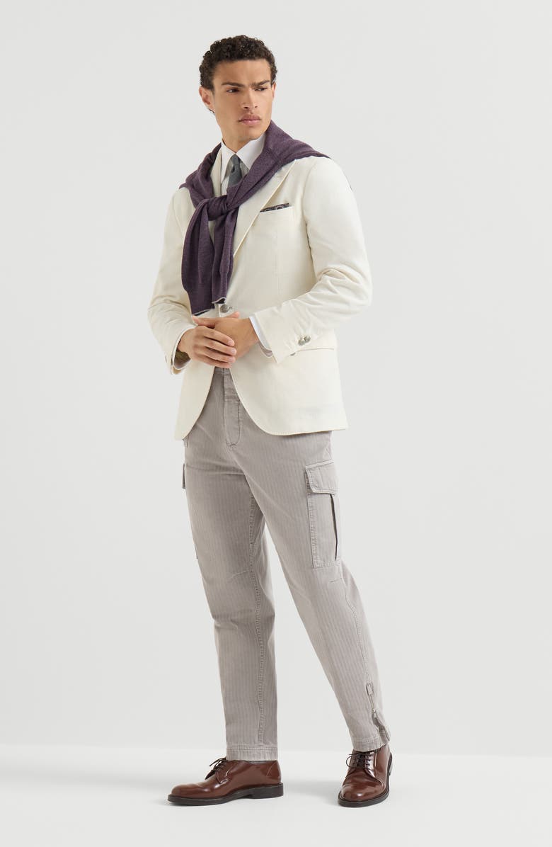 Brunello Cucinelli Sea Island cotton narrow wale corduroy deconstructed blazer with large peak lapels and metal buttons, Alternate, color, Panama