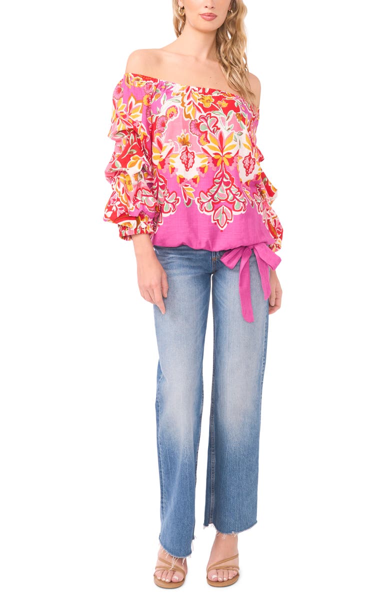 Vince Camuto Floral Off the Shoulder Balloon Sleeve Top, Alternate, color, Cherry Rose