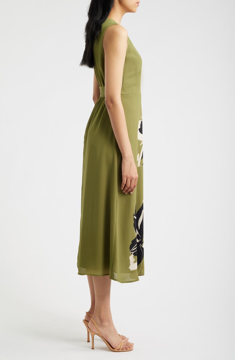 Anne Klein Print Sleeveless Faux Wrap Midi Dress, Alternate, color, Bay Leaf Multi