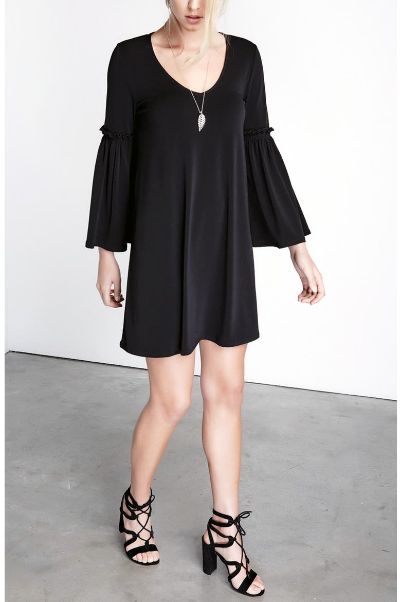Bell Sleeve A-Line Dress, Alternate, color, BLACK