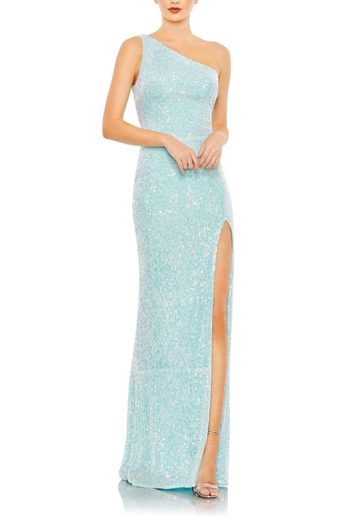 Mac Duggal Sequined One Shoulder Column Gown In Ice Blue