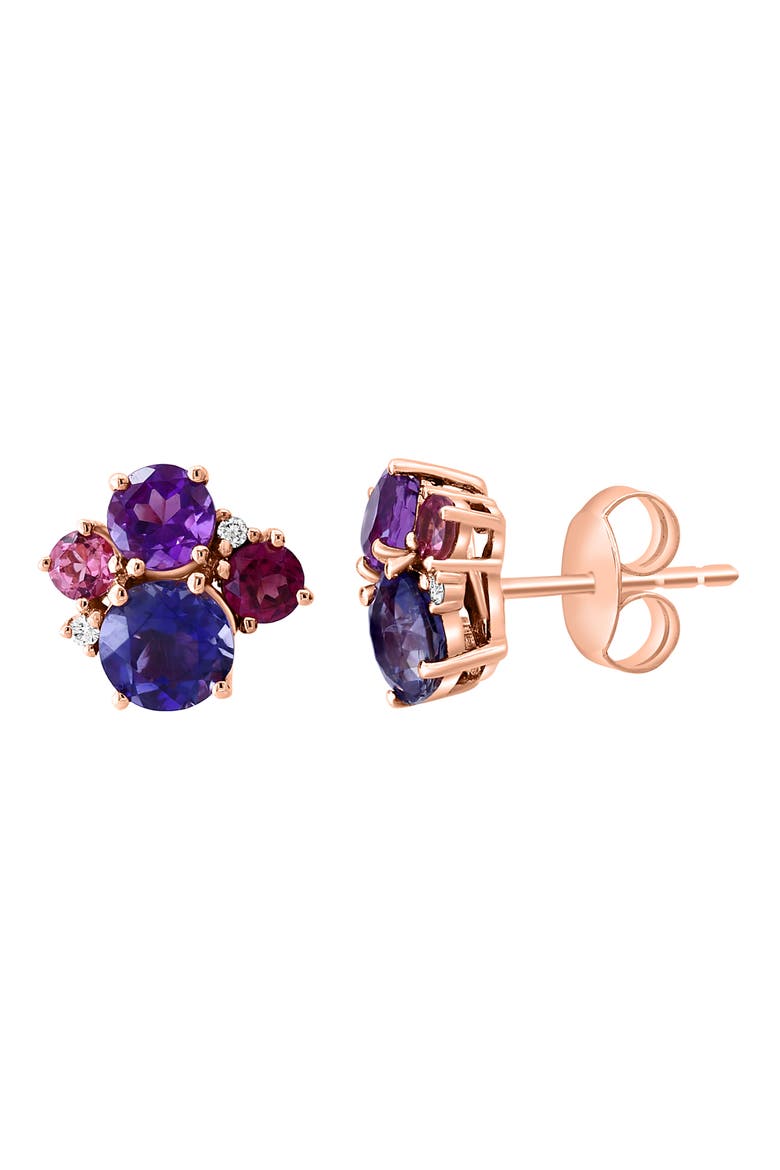 14K Rose Gold Semiprecious Stone & Diamond Cluster Stud Earrings - 0.01ct., Main, color, MULTI