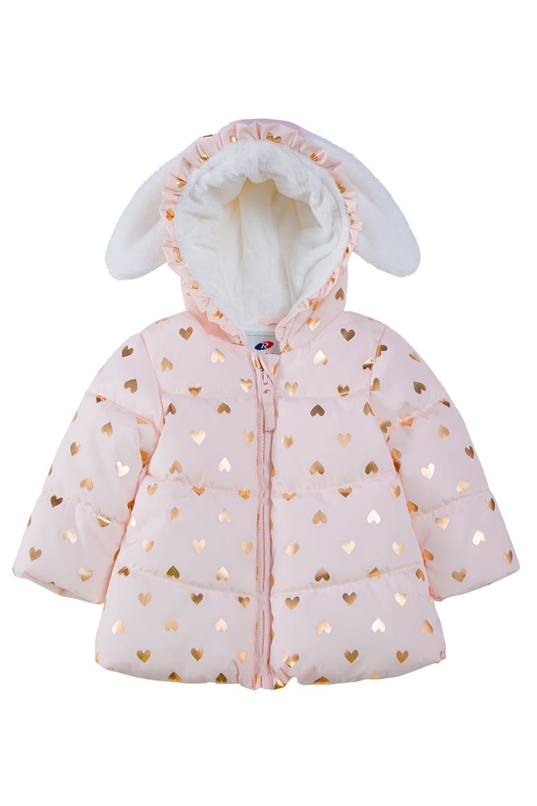 Soft Fleece Lined Bunny Puffer Jacket, Main, color, Pink Frost/ Heart Foil Print