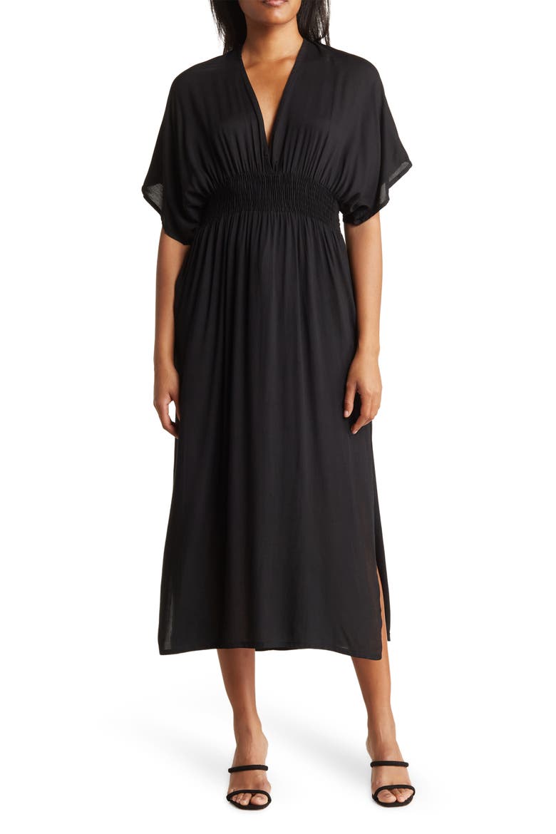Smocked Tie Back Maxi Cover-Up Dress, Main, color, BLACK