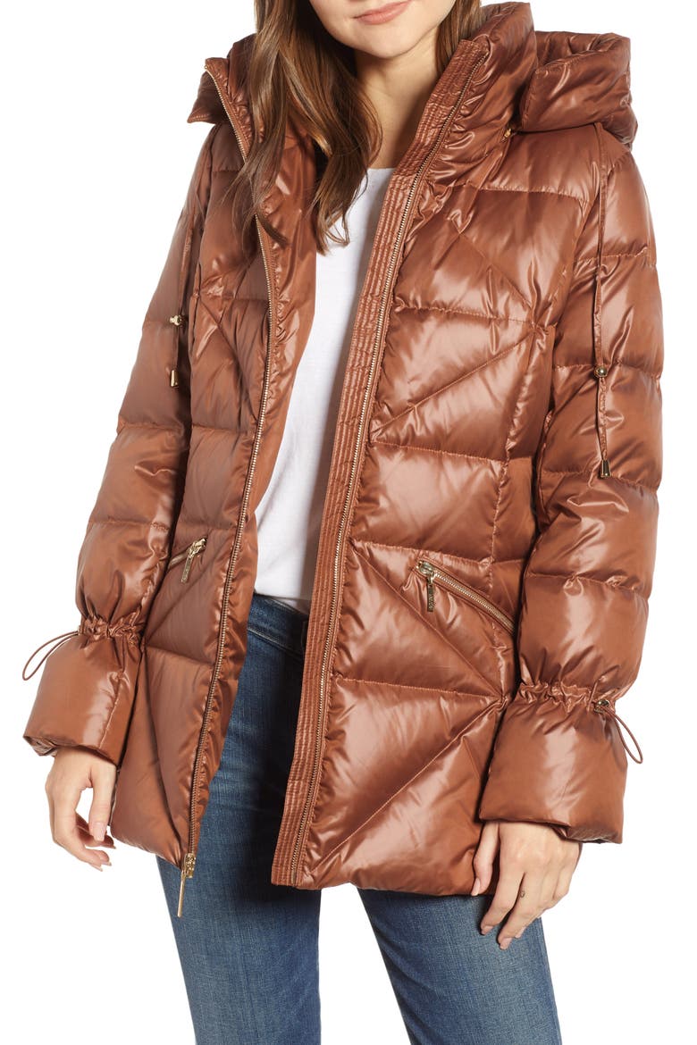 Cinched Sleeve Puffer Jacket, Main, color, RUST
