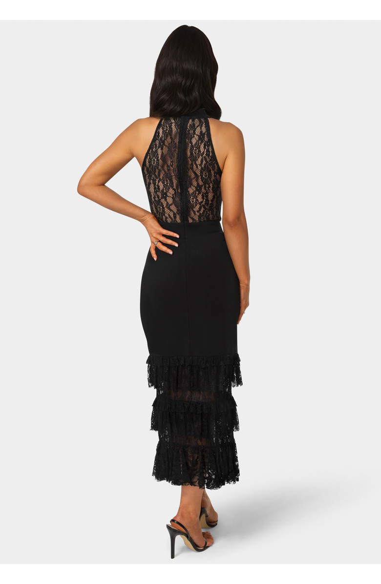 bebe Halter Tiered Lace Midi Dress, Alternate, color, Black
