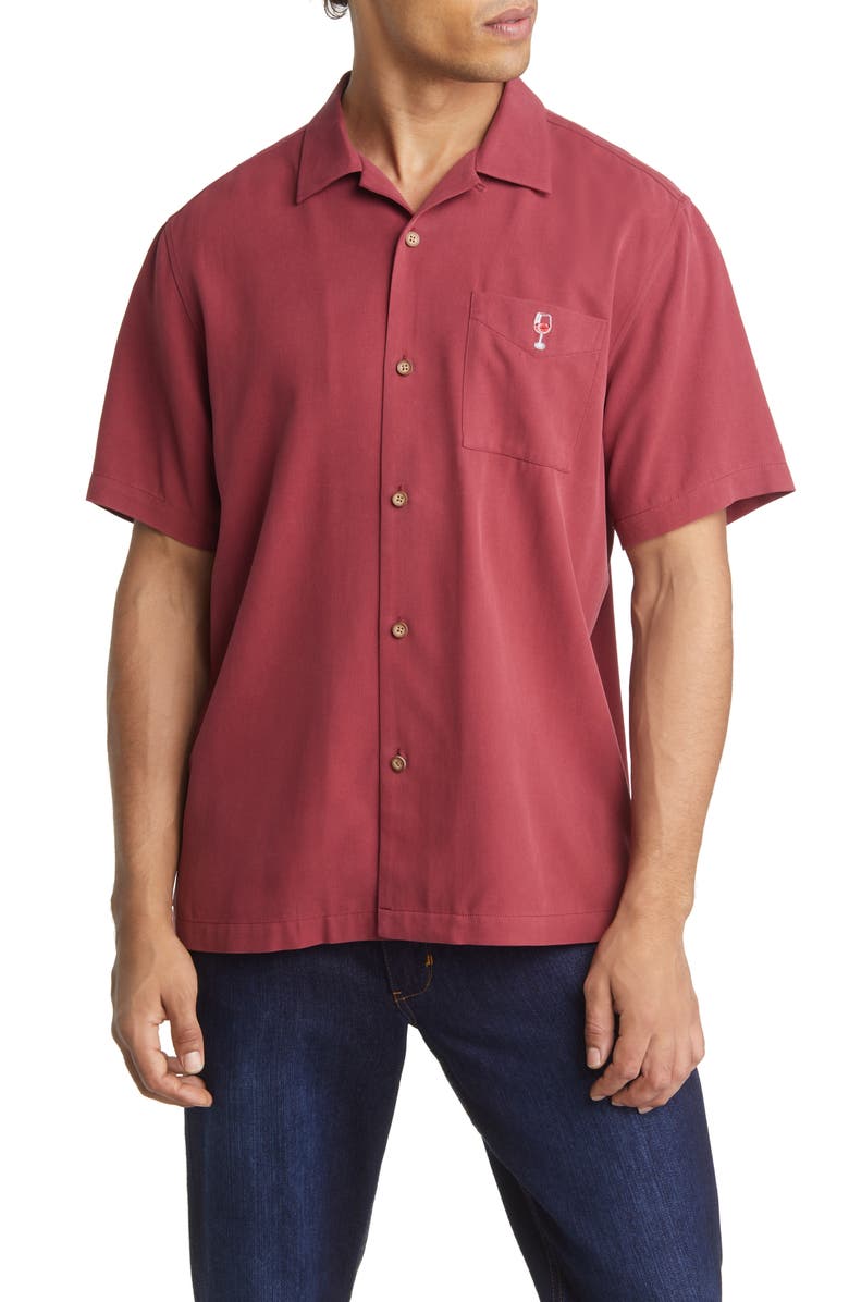 Tommy Bahama Grape Minds Drink Alike Short Sleeve Silk Button-Up Camp Shirt, Main, color, Dark Cherry