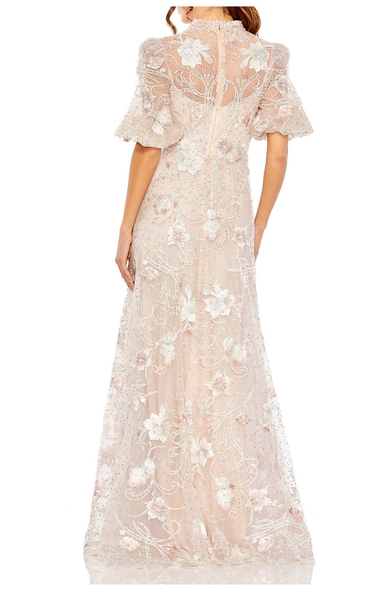 Mac Duggal Petite Embroidered Queen Anne Puff Sleeve A Line Gown, Alternate, color, Blush
