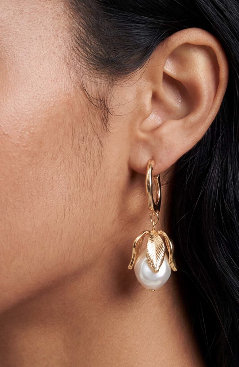 Ettika Faux Pearl Blossom Drop Hoop Earrings, Alternate, color, Gold