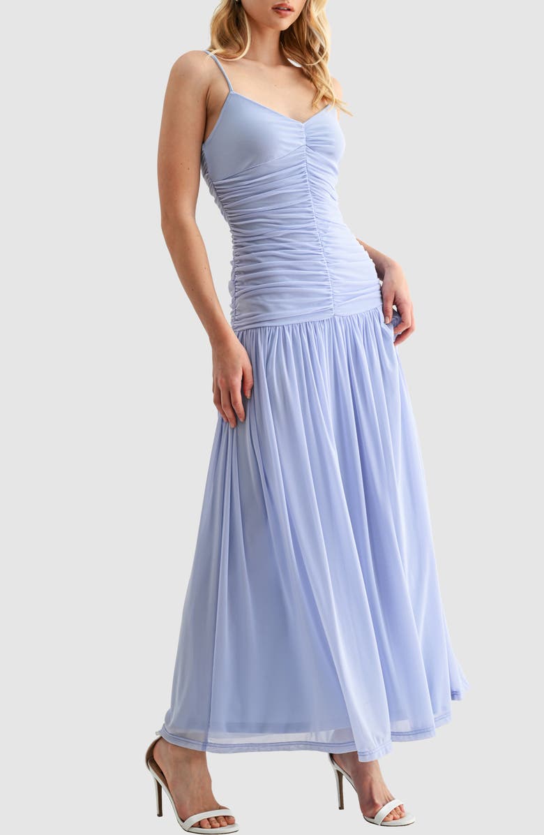 All in Favor Ruched Drop Waist Chiffon Midi Dress, Alternate, color, Periwinkle