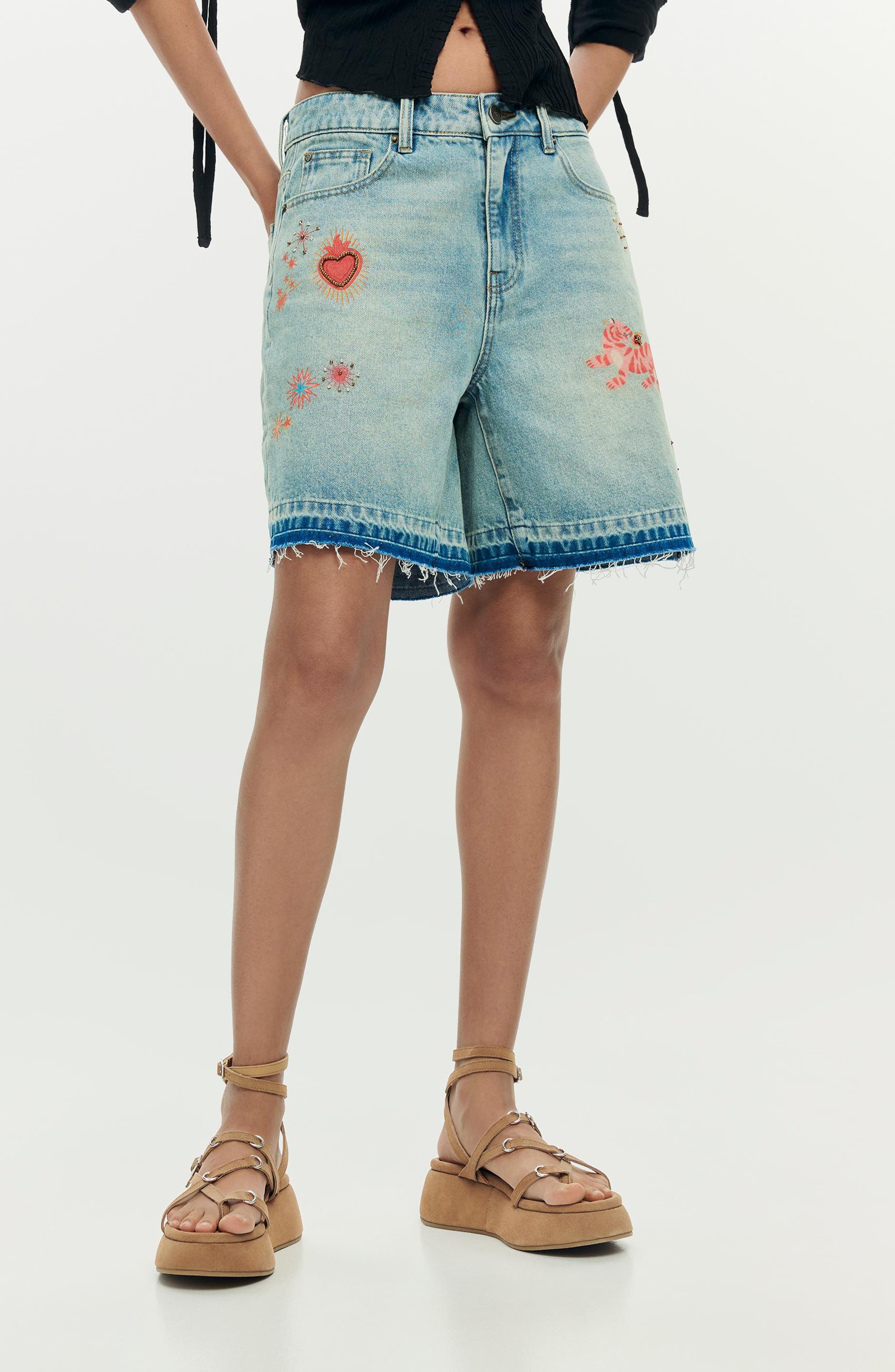 Beaded Applique Denim Shorts - image 1