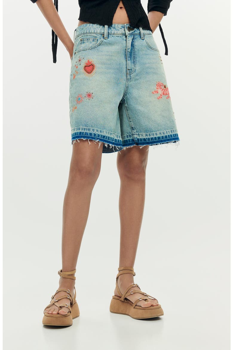 Beaded Appliqué Denim Shorts, Main, color, LIGHT BLUE