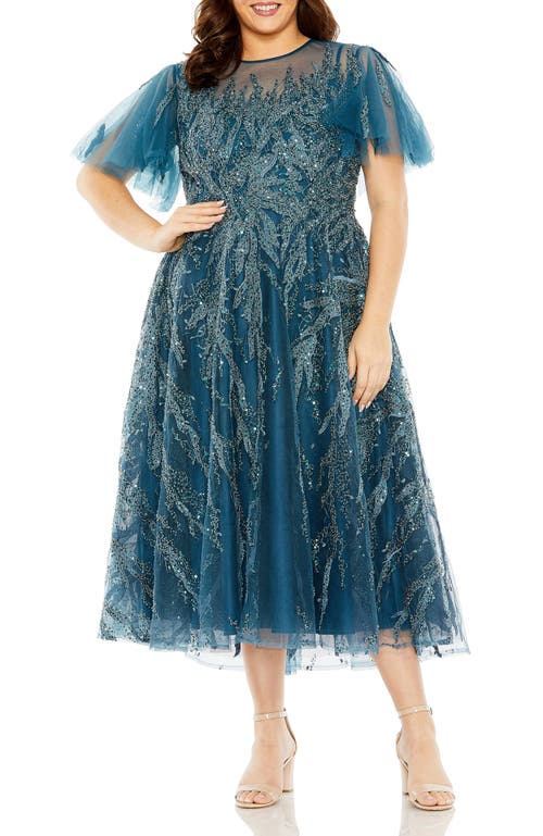 Mac Duggal High Neck Flutter Sleeve A Line Embellished Dress In Blue