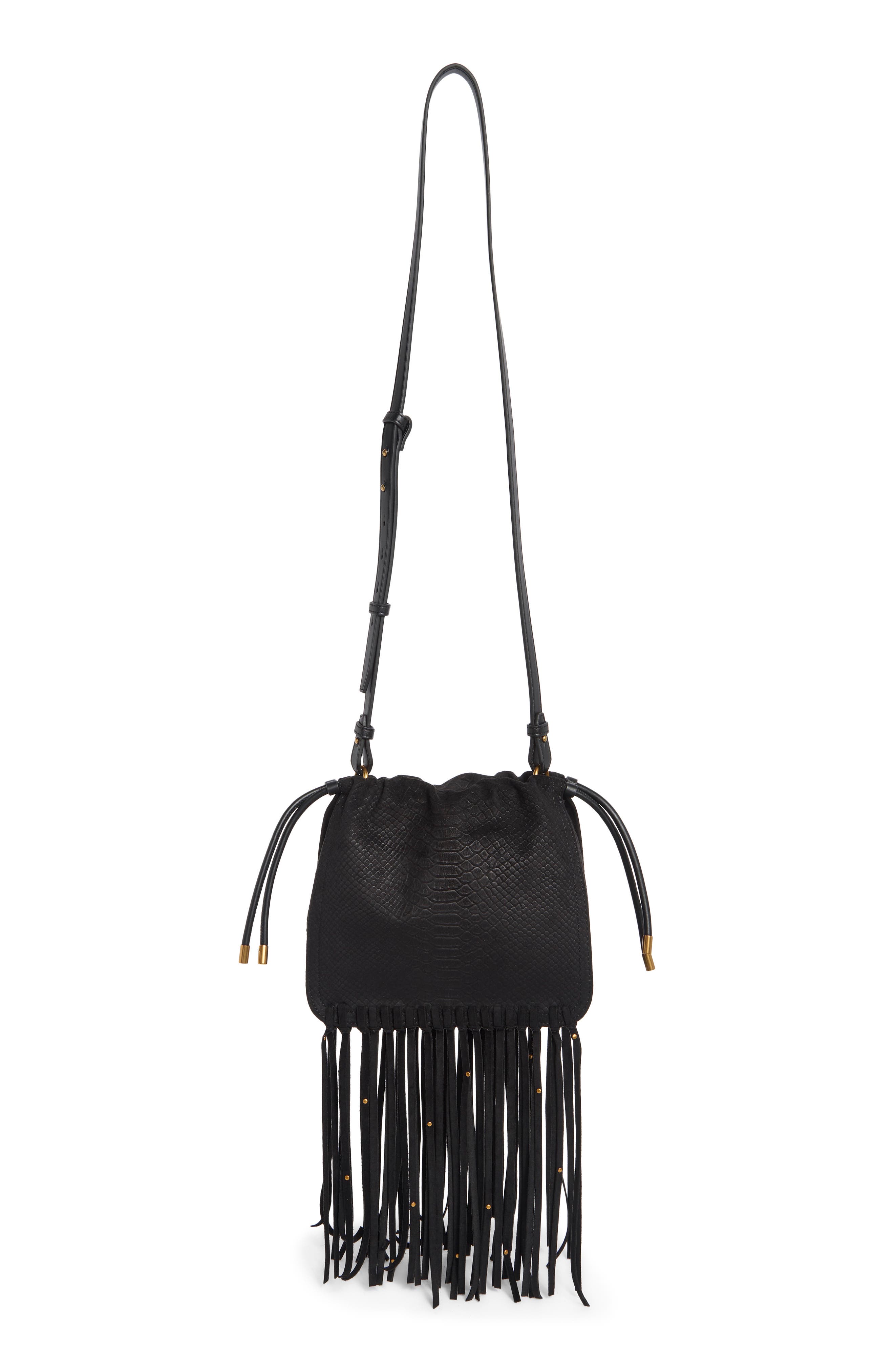 BCarolina Snake Embossed Faux Leather Fringe Crossbody Bag, Main, color, BLACK SNAKE EMBOSS SUEDE
