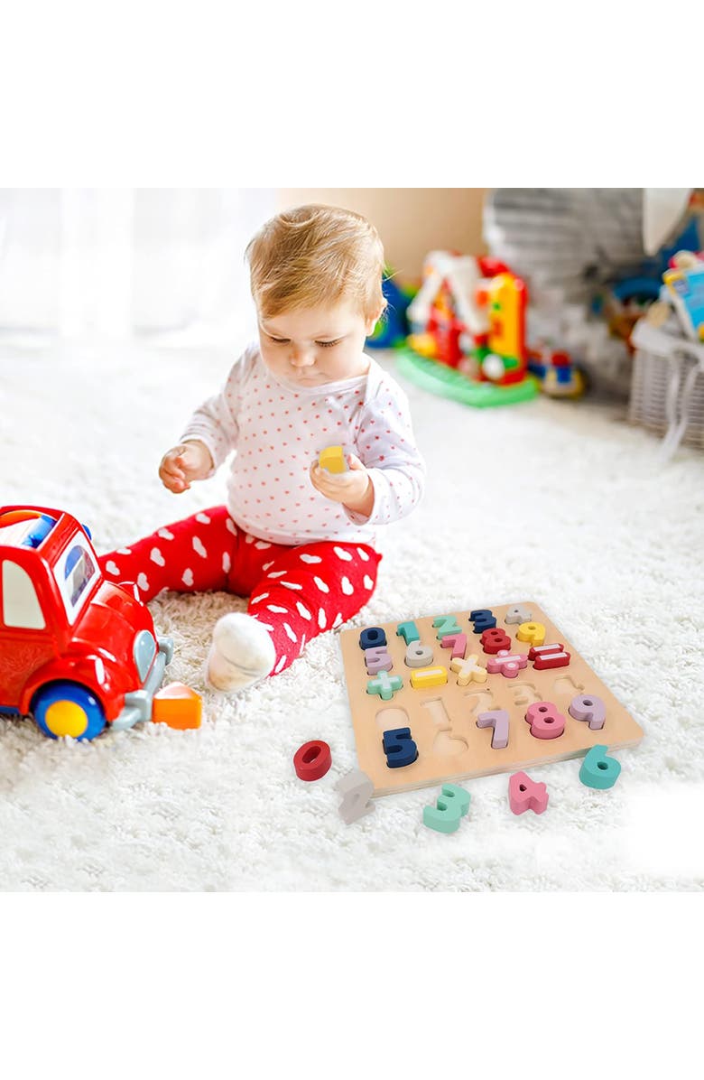 Leo & Friends Wooden Chunky Number Math Puzzle, Numbers 0-9, Addition, Subtraction, Multiplication, Division, Equal Sign Included, Alternate, color, Beige