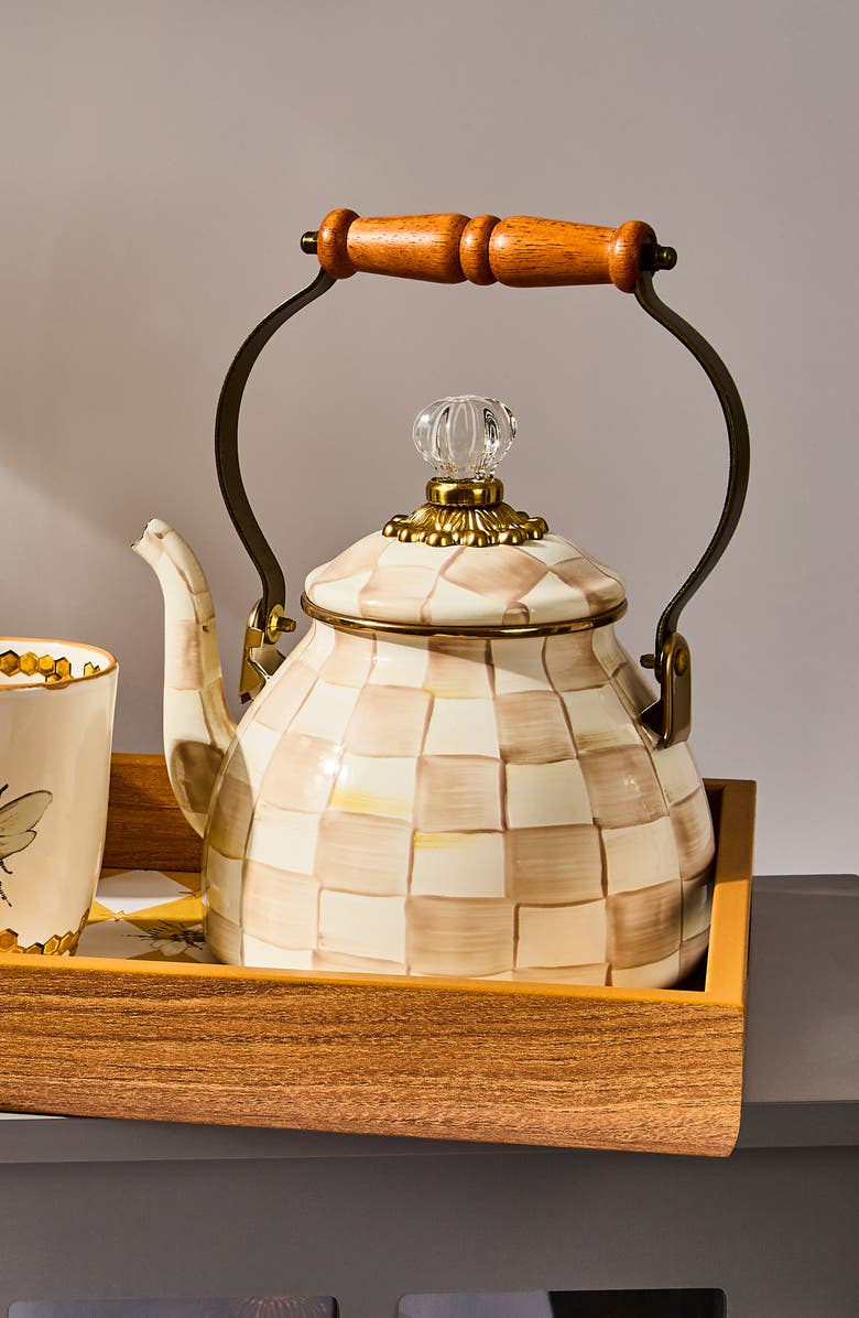 MACKENZIE CHILDS Mocha Check Enameled Steel 2-Quart Tea Kettle, Alternate, color, 