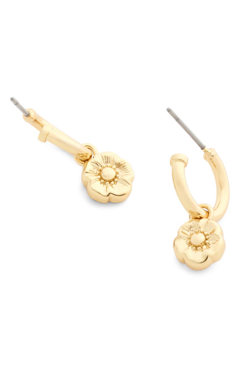 COACH Tea Rose Flower Drop Huggie Hoop Earrings, Alternate, color, Shiny Gold