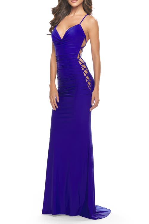 La Femme Unique Jersey Dress With Open Criss Cross Sides In Royal Blue