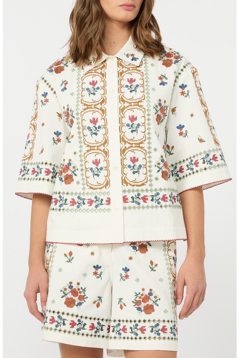 Farsa Embroidery Detail Cotton Button-Up Shirt, Main, color, WHITE